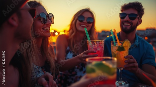 friends having fun on a rooftop terrace at sunset