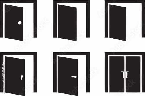 Collection of open and closed doors in flat vector style icon set