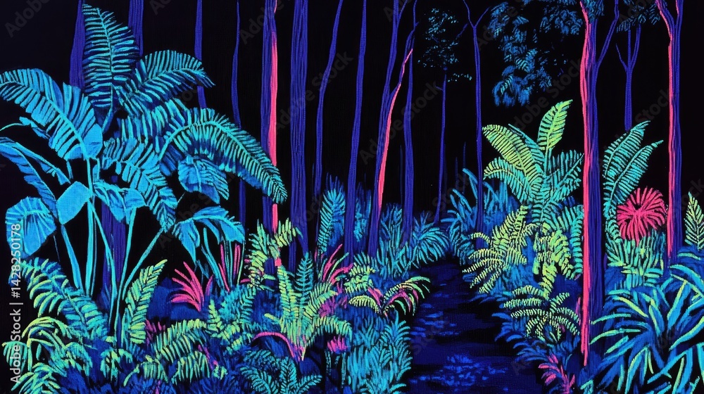 Naklejka premium Neon jungle path through a vibrant forest.