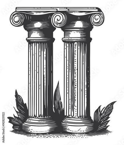 Hand-Drawn Linocut Style Columns with Decorative Foliage Design