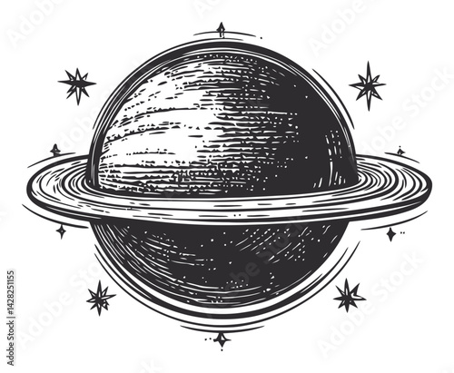 Hand-Drawn Linocut Style Illustration of Saturn with Stars