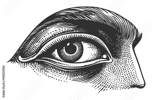 Detailed Black and White Linocut of an Eye in Hand-Drawn Style