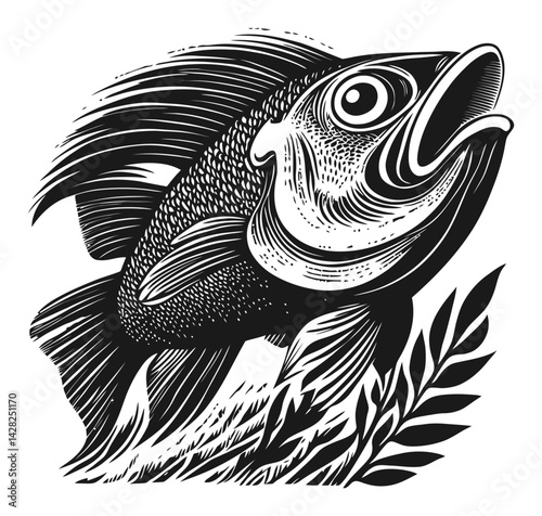 Hand-Drawn Linocut Style Illustration of a Fish in Black and White