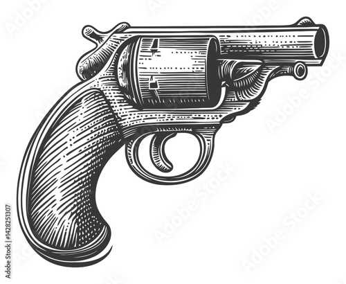 Vintage Linocut Style Hand-Drawn Revolver Illustration Design