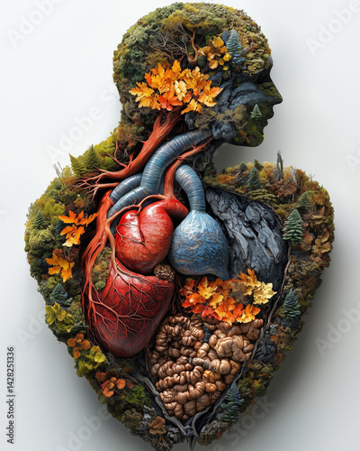 Human Silhouette with Organs Replaced by Ecosystems in Alchemical and Realistic Style