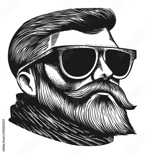 Hand-Drawn Linocut Style Portrait of a Stylish Man with Beard
