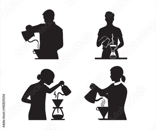 Coffeemaker: Set of hand-drawn coffee cup icons with latte art, heart steam, and decorative mugs in black and white line art style