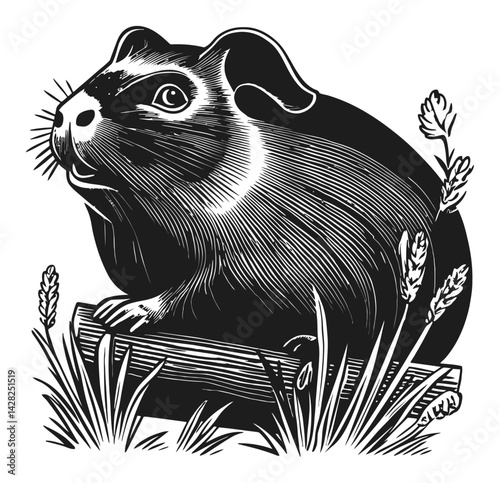 Detailed Linocut Illustration of a Farm Animal in Nature Setting