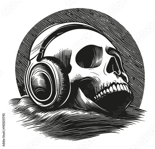 Skull with Headphones in Woodcut Style Artwork Design