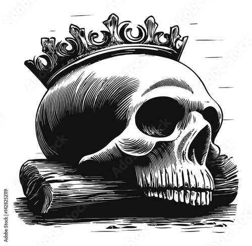 Skull with Crown on Scroll in Hand-Drawn Linocut Style Art