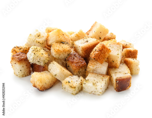 Photography Pile of crunchy croutons with spices isolated on white background