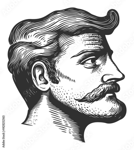 Detailed Profile of a Vintage Man with Mustache in Linocut Style
