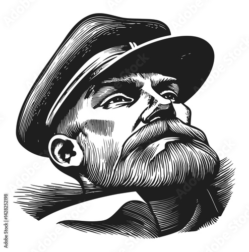 Hand-Drawn Linocut Style Portrait of a Man in a Cap