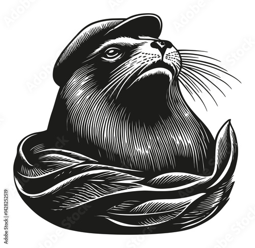 Detailed Hand-Drawn Linocut Woodcut Style Seal Illustration