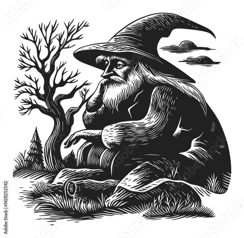 Hand-Drawn Wizard Sitting by Tree in Linocut or Woodcut Style