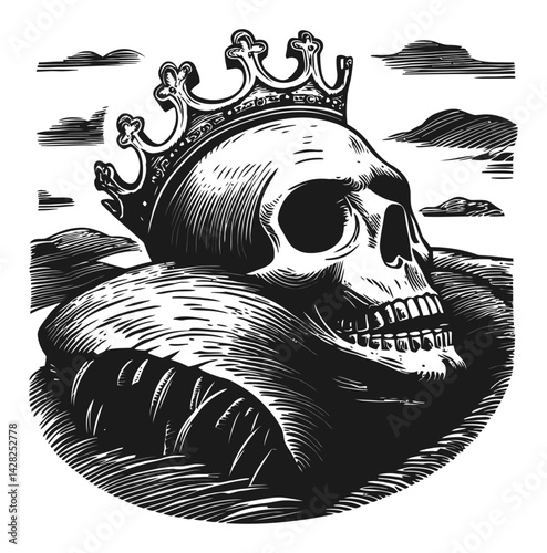 Hand-Drawn Linocut of a Skull Wearing a Crown in Dark Style