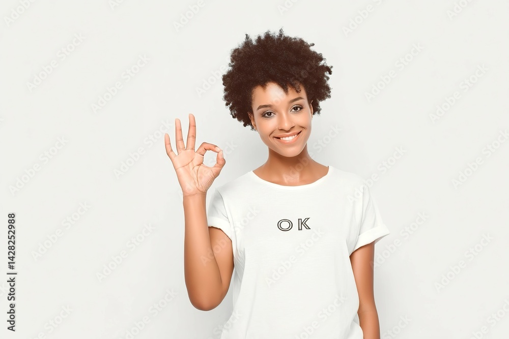 Smiling young woman making OK hand gesture in white t-shirt on light background Smiling young woman making OK hand gesture in white t-shirt on light background