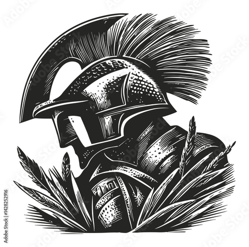 Detailed Woodcut Style Illustration of a Warrior in Profile View