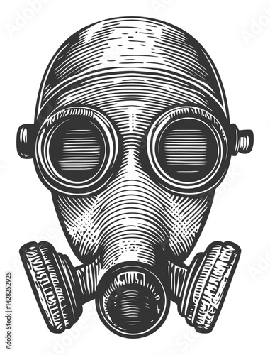 Hand-Drawn Linocut Style Gas Mask Illustration in Black and White