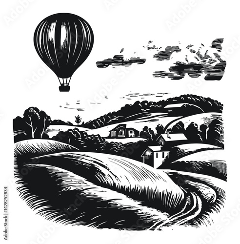 Vintage Linocut Style Hot Air Balloon Over Scenic Landscape