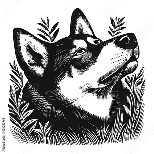 Hand-Drawn Linocut Style Illustration of a Dog Surrounded by Plants