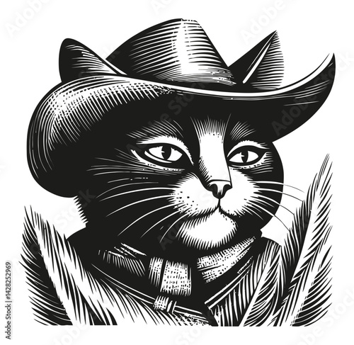 Hand-Drawn Cat Illustration in Linocut and Woodcut Style