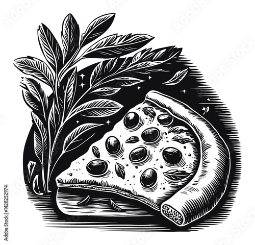 Hand-Drawn Linocut Style Pizza Slice with Leaves Design