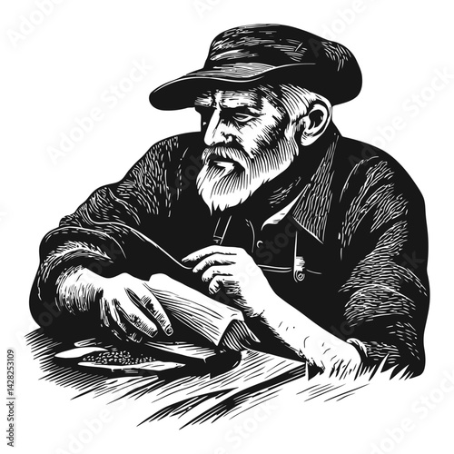 Hand-Drawn Vintage Man Reading Book in Linocut and Woodcut Style