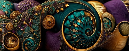 filigree luxurious ornaments, surreal metallic fractal patterns, fantasy floral ornate