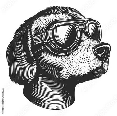 Vintage Style Linocut of Dog Wearing Goggles in Black and White