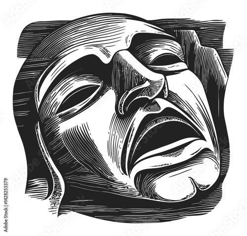 Dramatic Expression in Hand-Drawn Linocut Style Artwork