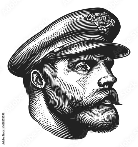Detailed Hand-Drawn Linocut Style Portrait of Military Officer