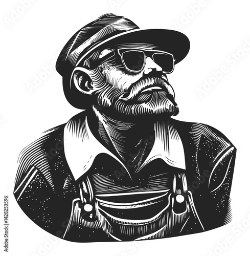 Hand-Drawn Linocut Style Portrait of a Thoughtful Bearded Man