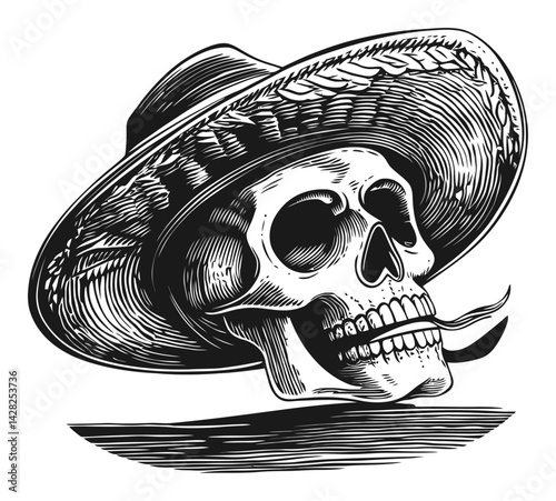 Detailed Engraving of a Skull with a Sombrero and Cigar