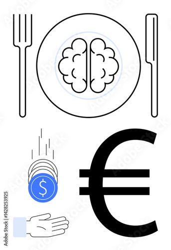 Brain served on a plate with cutlery, coins dropping into a hand, large euro sign. Ideal for business, finance, mental health, decision-making, cognition, economics simple landing page