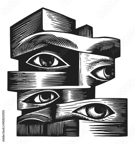 Abstract Hand-Drawn Linocut Illustration of Distorted Eyes