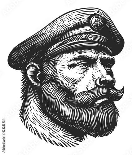 Vintage Soldier Portrait in Hand-Drawn Linocut Style Artwork