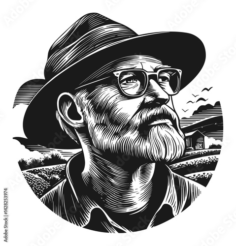 Hand-Drawn Linocut of Elderly Man with Hat in Woodcut Style
