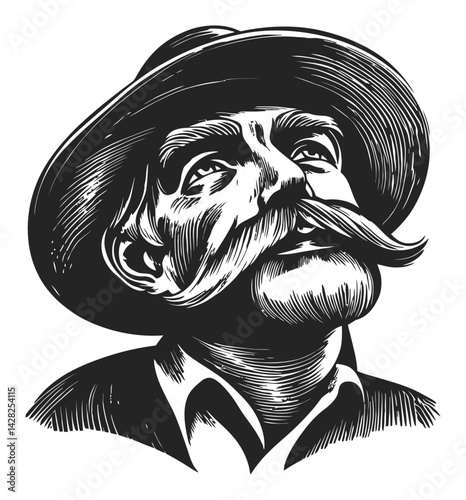 Detailed Hand-Drawn Linocut Portrait of a Thoughtful Man in Hat