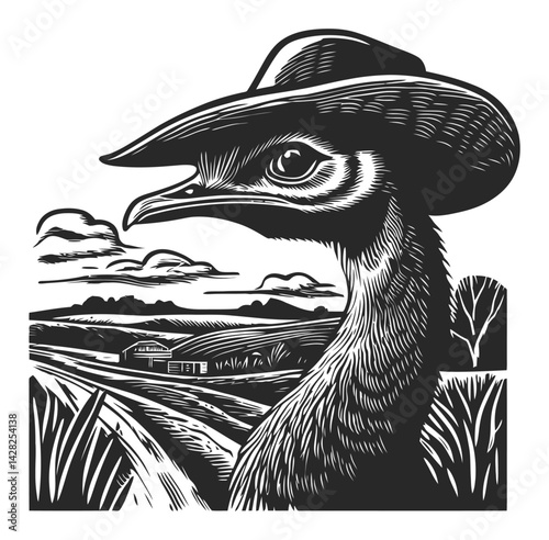 Hand-Drawn Woodcut Style Illustration of a Bird in a Hat
