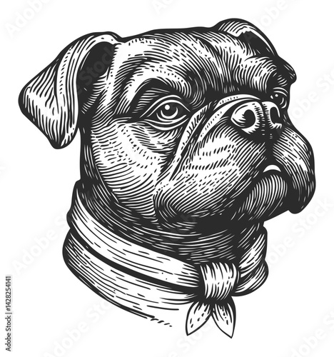 Hand-Drawn Linocut Style Dog Portrait with Detailed Features