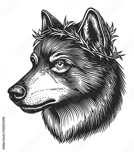 Detailed Hand-Drawn Linocut Style Wolf Head Illustration