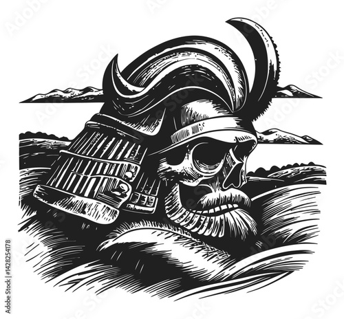 Dramatic Linocut of a Skull with Warrior Helmet and Landscape