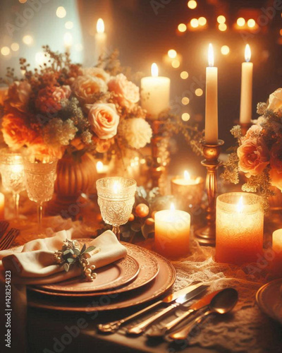 Romantic Candlelight Dinner Decor, Elegant Romantic Candlelight Dinner Decor Setting, Luxury Romantic Candlelight Dinner Decor with Flowers and Gold Accents