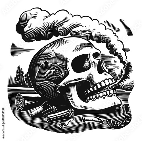 Hand-Drawn Skull with Smoke and Woodcut Elements in Retro Style