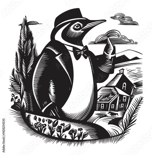 Elegant Penguin in Classic Attire with Nature Background Artwork