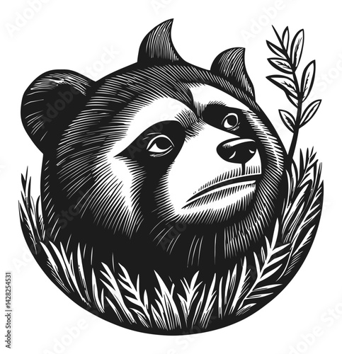Hand-Drawn Linocut Style Bear Head with Foliage and Expression