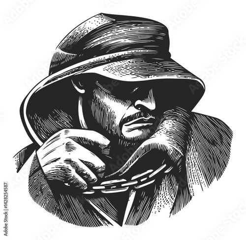 Hand-Drawn Linocut Style Illustration of a Mysterious Figure
