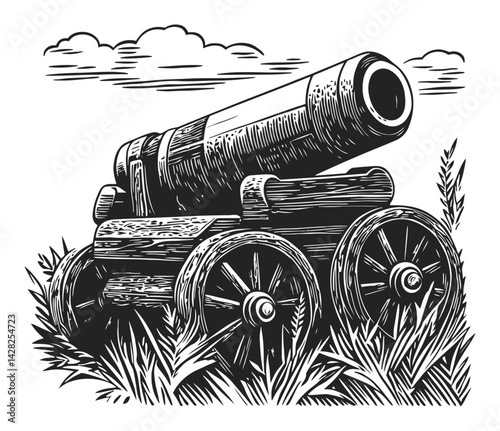 Hand-Drawn Linocut of a Vintage Cannon on Wheels Amidst Grass