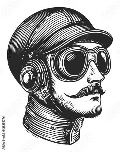 Vintage Hand-Drawn Illustration of a Man in Goggles and Cap